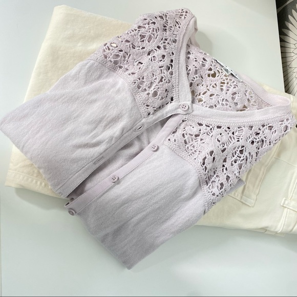 CAbi 184 S Lilac Lace Yoke Cotton Blend Cardigan Sweater - Picture 2 of 5